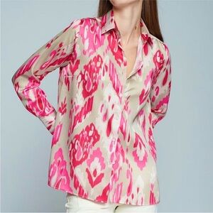 Vilagallo Rosa Fresa Ikat Print Tunic Button Down Shirt Pink Tan EU 48